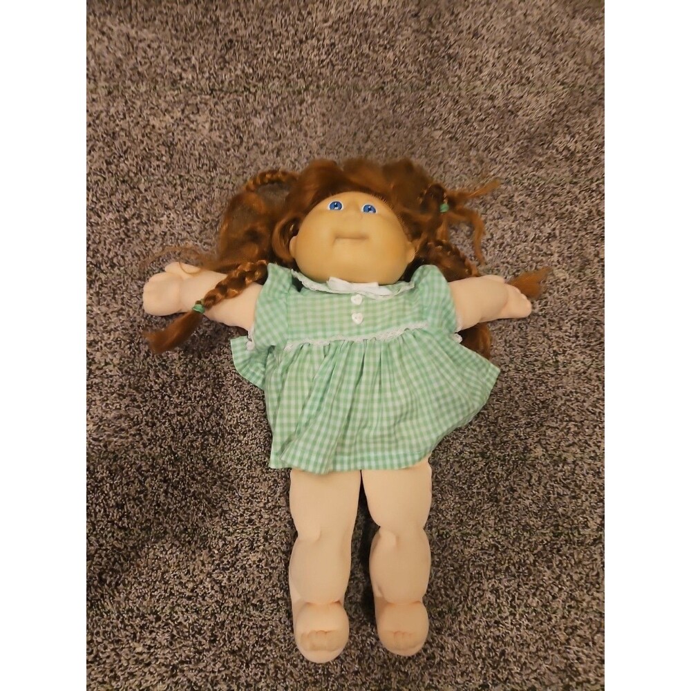 Vintage Cabbage Patch Kids Doll 1986 Brown Hair Blue Eyes Green Plaid Dress
